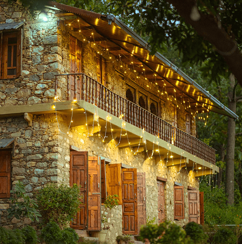 Warmly lit balcony of the traditional house