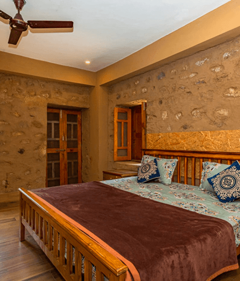 Interior bedroom with wooden furnishings
